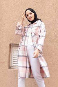 Modalamelif Cep Flotolı Ekose Desen Trenç Pudra