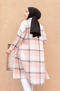 Modalamelif Cep Flotolı Ekose Desen Trenç Pudra