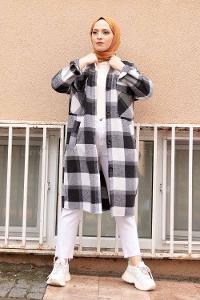 Modalamelif Cep Flotolı Ekose Desen Trenç Siyah