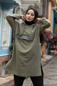 Modalamelif  Ekose Garnili Kapşonlu Sweatshirt Haki