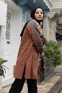 Modalamelif  Ekose Garnili Kapşonlu Sweatshirt Taba