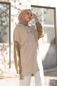 Modalamelif Freedoom Nakışlı Kapşonlu Tunik Açık Vizonrengi