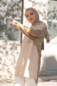 Modalamelif Freedoom Nakışlı Kapşonlu Tunik Açık Vizonrengi