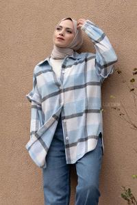 Modalamelif Kol Fırfırlı Ekose Desen Oduncu Gömlek Bebe Mavisi