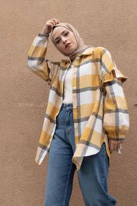 Modalamelif Kol Fırfırlı Ekose Desen Oduncu Gömlek Hardal Sarısı