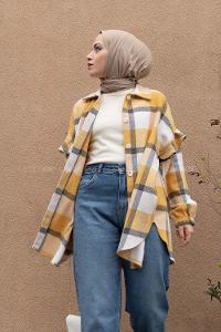 Modalamelif Kol Fırfırlı Ekose Desen Oduncu Gömlek Hardal Sarısı