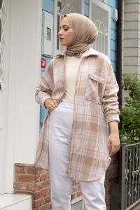 Modalamelif Önü Fermuarlı Ekose Desen Gömlek Bej Hardal