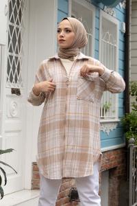 Modalamelif Önü Fermuarlı Ekose Desen Gömlek Bej Hardal