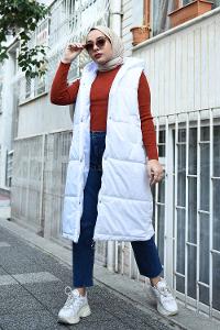 Modalamelif Kapşonlu Uzun Şişme Yelek Ekru