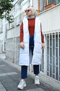 Modalamelif Kapşonlu Uzun Şişme Yelek Ekru