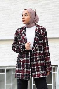 Modalamelif Önü Düğmeli  Prag Kruvaze Ceket Bordo