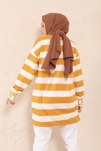 Modalamelif Manşet Nakışlı Çizgili Tunik Hardal Sarısı