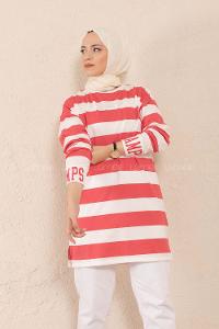 Modalamelif Manşet Nakışlı Çizgili Tunik Koyu Pembe