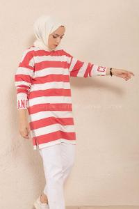 Modalamelif Manşet Nakışlı Çizgili Tunik Koyu Pembe