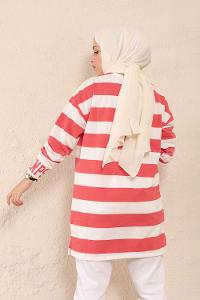 Modalamelif Manşet Nakışlı Çizgili Tunik Koyu Pembe