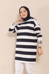 Modalamelif Manşet Nakışlı Çizgili Tunik Siyah
