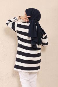 Modalamelif Manşet Nakışlı Çizgili Tunik Siyah