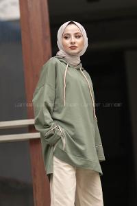 Modalamelif Ara Biyeli Kapşonlu Sweatshirt Haki