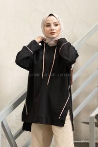 Modalamelif Ara Biyeli Kapşonlu Sweatshirt Siyah