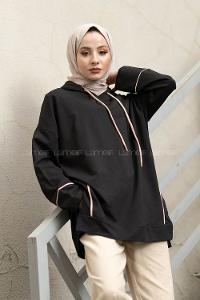 Modalamelif Ara Biyeli Kapşonlu Sweatshirt Siyah