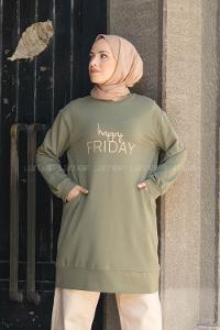 Modalamelif Happy Friday Baskılı Sweatshirt Haki