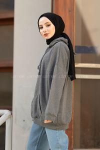 Modalamelif İki İplik Kapşonlu Sweatshirt Antrasit