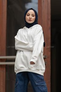 Modalamelif İki İplik Kapşonlu Sweatshirt Ekru