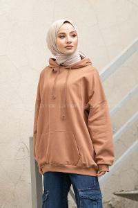 Modalamelif İki İplik Kapşonlu Sweatshirt Kahve