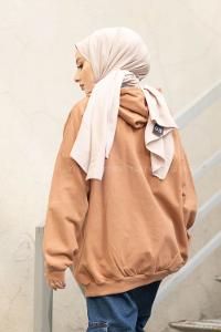 Modalamelif İki İplik Kapşonlu Sweatshirt Kahve