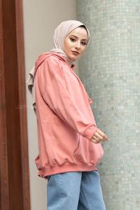 Modalamelif İki İplik Kapşonlu Sweatshirt Pudra