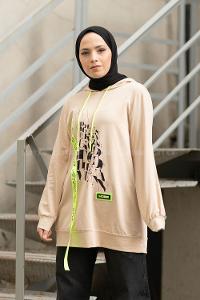 Modalamelif Neon Şeritli Baskılı Sweatshirt Bej