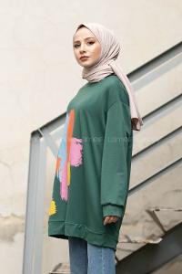 Modalamelif Önü Baskılı Sweatshirt Zümrüt Yeşili