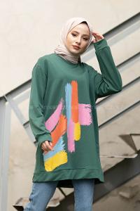 Modalamelif Önü Baskılı Sweatshirt Zümrüt Yeşili