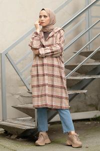 Modalamelif Reglan Kol Kapşonlu Ekose Kap Bej