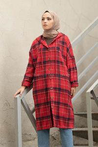 Modalamelif Reglan Kol Kapşonlu Ekose Kap Kırmızı Lacivert