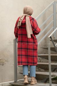 Modalamelif Reglan Kol Kapşonlu Ekose Kap Kırmızı Lacivert