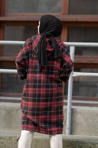 Modalamelif Reglan Kol Kapşonlu Ekose Kap Siyah Kırmızı