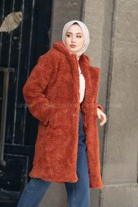 Modalamelif Yan Cepli Uzun Peluş Mont Kiremit