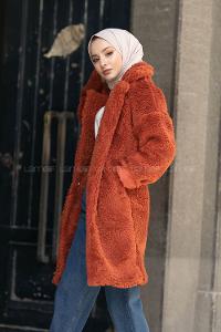 Modalamelif Yan Cepli Uzun Peluş Mont Kiremit