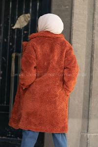 Modalamelif Yan Cepli Uzun Peluş Mont Kiremit