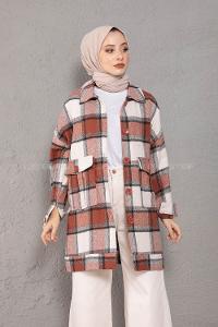 Modalamelif Çift Cepli Ekose Desen Oduncu Gömlek Kiremit