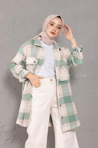 Modalamelif Körük Cepli Metal Düğme Ekose Gömlek Mint