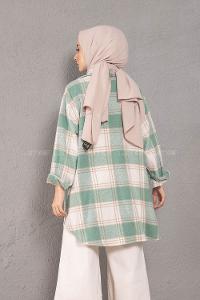 Modalamelif Körük Cepli Metal Düğme Ekose Gömlek Mint