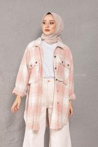 Modalamelif Körük Cepli Metal Düğme Ekose Gömlek Pudra