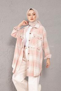 Modalamelif Körük Cepli Metal Düğme Ekose Gömlek Pudra