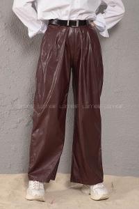 Modalamelif Kemerli Bol Paça Deri Pantolon Bordo