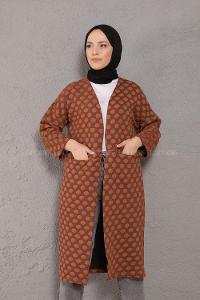 Modalamelif Körük Cepli Jakarlı Uzun Hırka Kahverengi