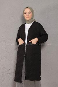 Modalamelif Körük Cepli Jakarlı Uzun Hırka Siyah