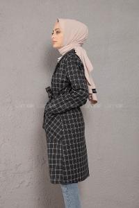 Modalamelif Kuşaklı Ekose Desen Uzun Ceket Siyah Beyaz