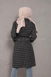Modalamelif Kuşaklı Ekose Desen Uzun Ceket Siyah Beyaz